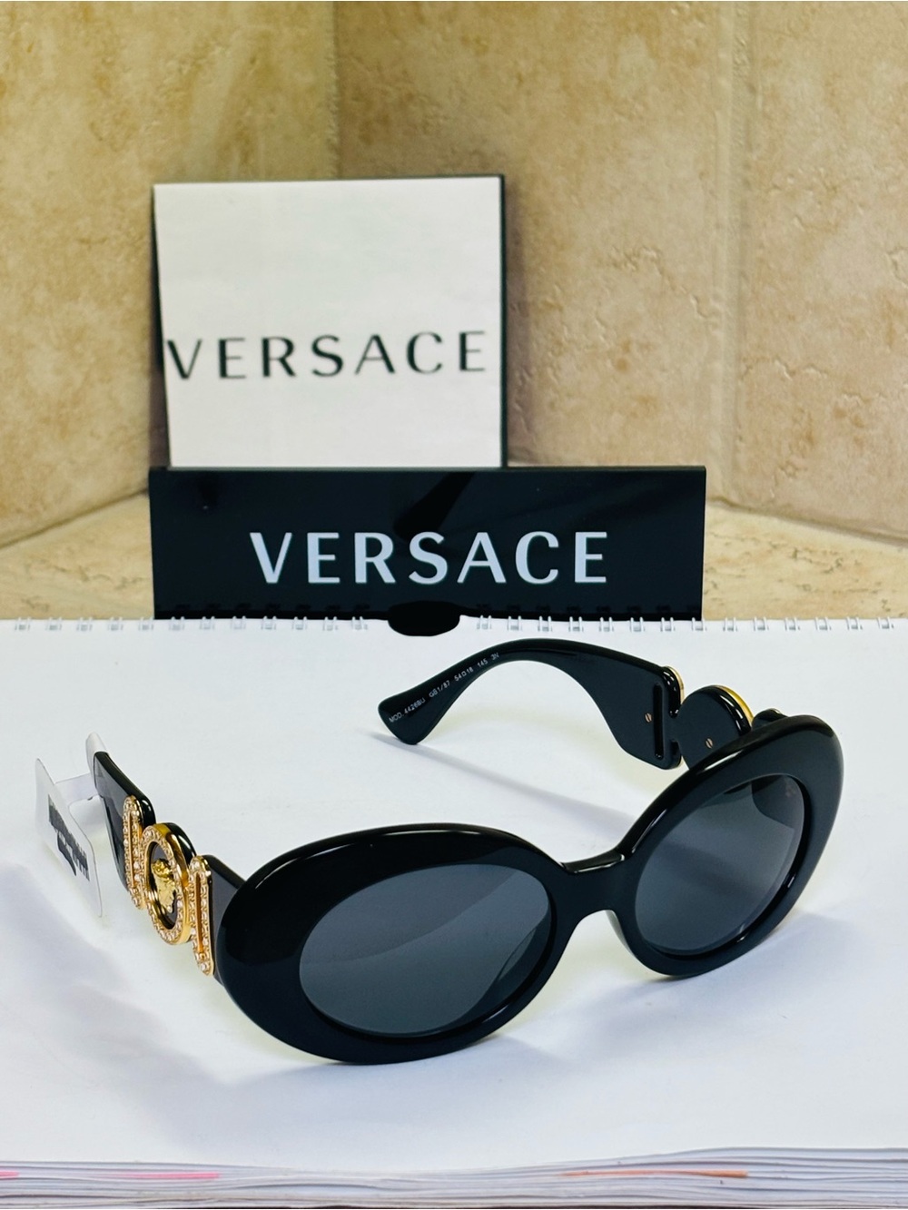 New MOD 4426BU GB1/87 Versace Black Oval Sunglasses Gold/Crystal Medusa Temples